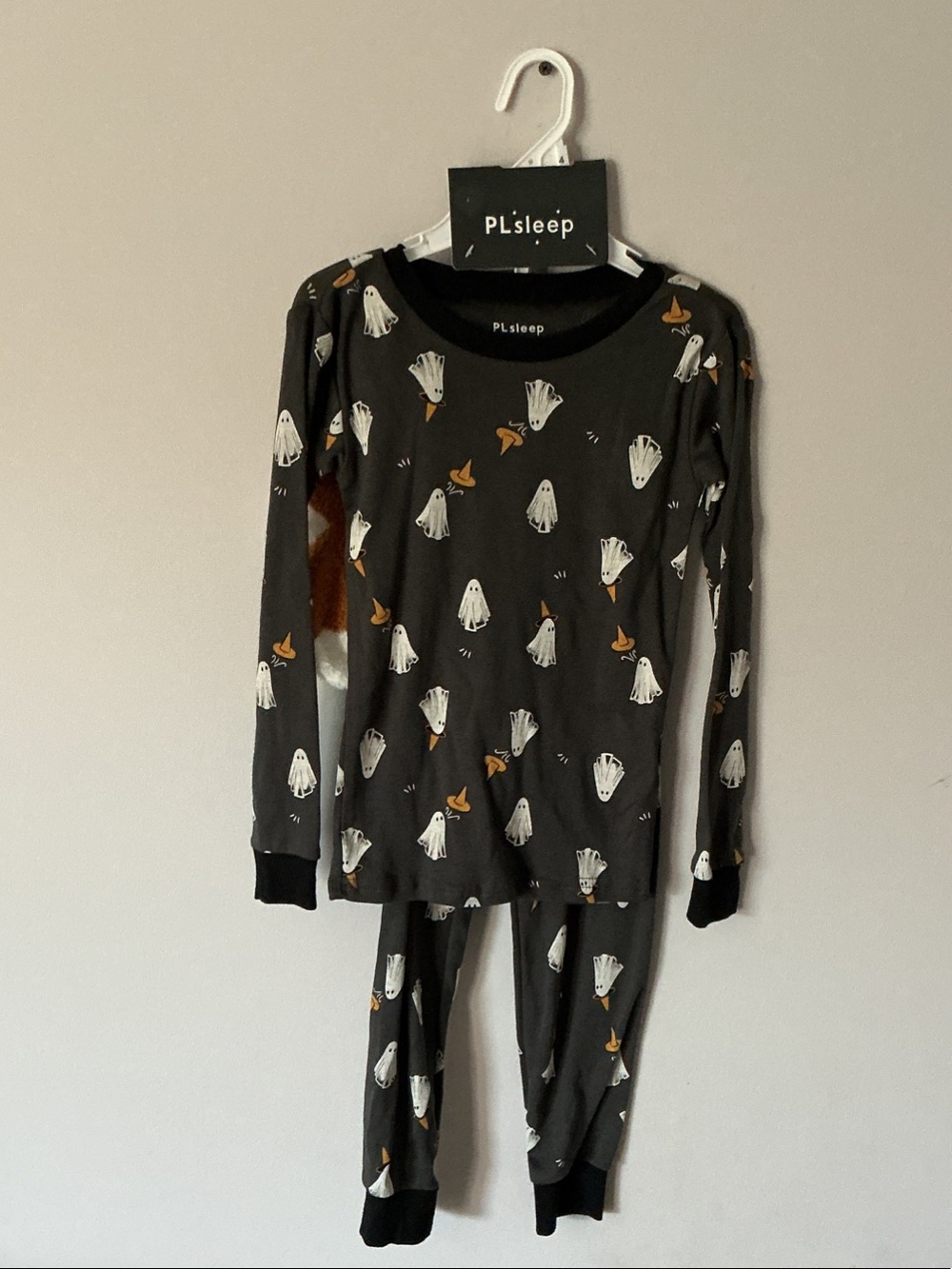 Petit Lem Black Ghost Print Pajama Set with Orange Hat Accents